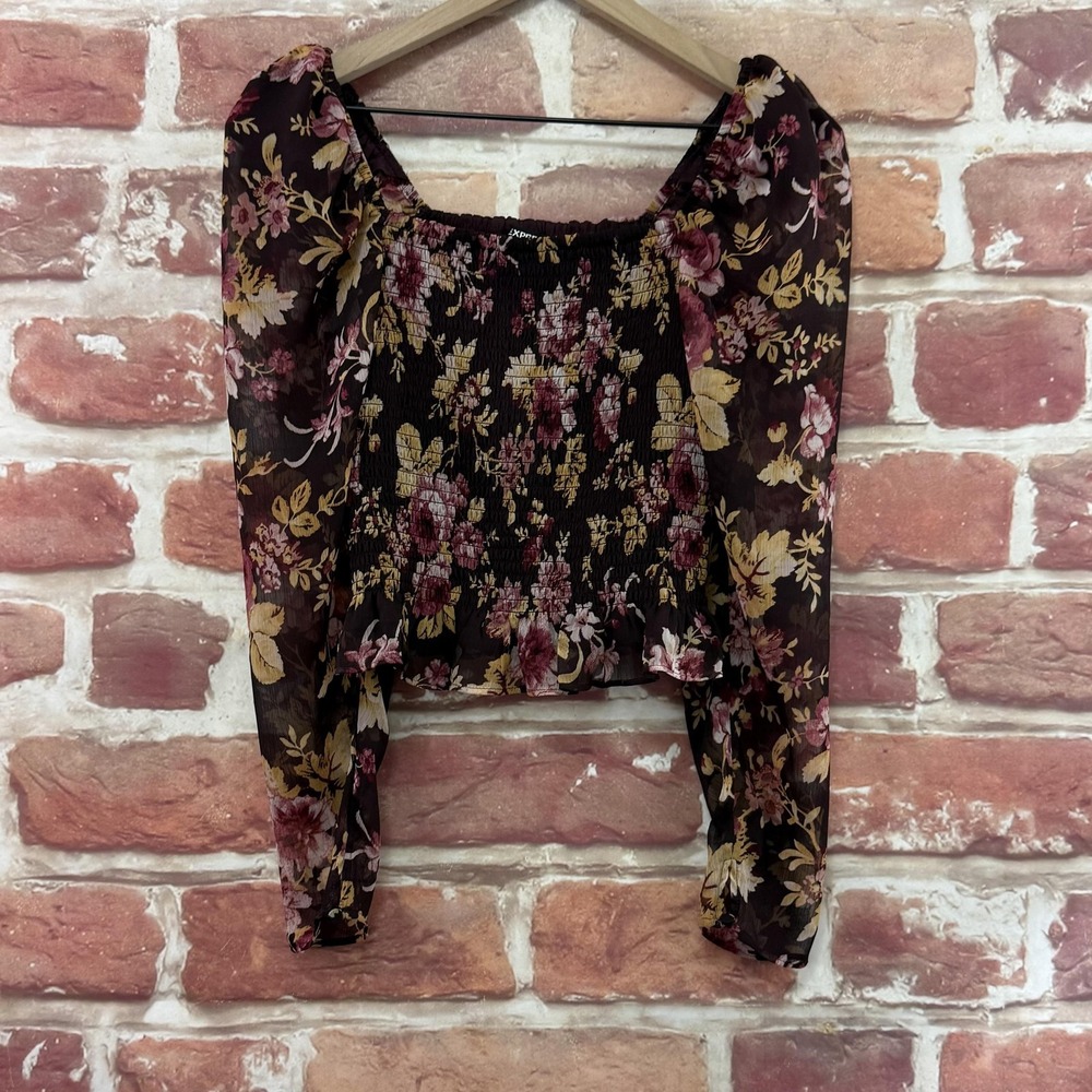 Express Crop Top Women's XS Brown Multicolor Garden Floral Smocked Casual Shirt